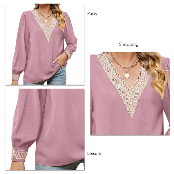 Spetskant V-ringad Blus Casual Figurnära Långärmad Guipure Spetsblus för Kvinnor Rosa XXL