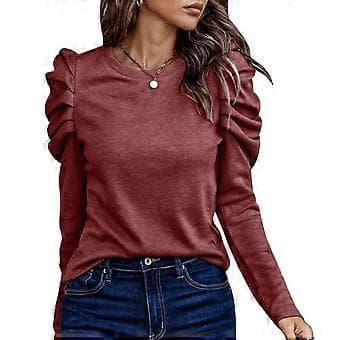 Dame Puff Langermet Topp Rund Hals Knappdekorasjon Løs Passform Casual Pullover Bluse Vinrød S