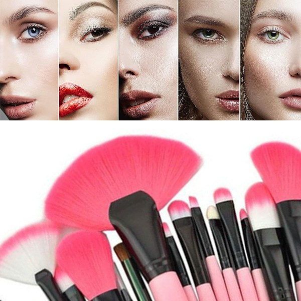Syntetiskt läderfodral ingår, 24 st Naturligt hår och syntetiska fiberborstar för jämn applicering, Komplett ögonmakeup-set med ultramjuka