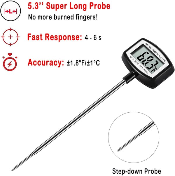 Stort LCD-kødtermometer - 5,3 tommer superlang sonde - Digit