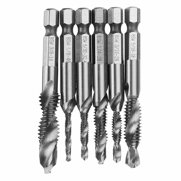 6-pack Tapborrset 1/4 tum Skaft 1/8 tum 5/32 tum 3/16 tum 1/4 tum 5/16 tum 3/8 tum Stål Mångsidig Användning Tapborrverktyg för Borrning