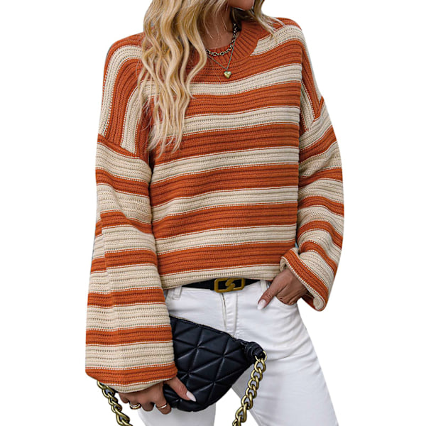 Dam Rundhalsad Långärmad Tröja Pullover Randig Lös Tröja för Utomhusdejting Formell Orange XL