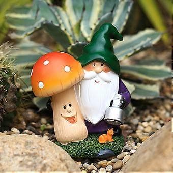 Havegnom Statue Udendørs Gnome Holder Svampefigur Indbygget Solcellelys