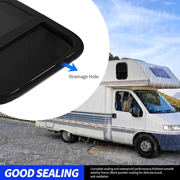RV Skydevindu 500 X 500mm Sort Aluminium Legering Trailer Varmebestandig Lodret Glas Med Bevægelig Insektssikret Net Til Vægstørrelse: 31 til