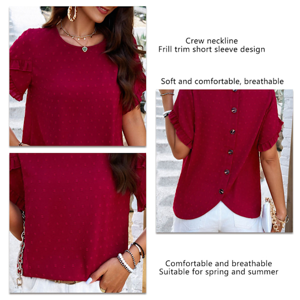 Kortärmad Jacquard Blus Enfärgad Casual Figursydd Volangdetalj Rund Hals Jacquard Blus för Kvinnor Vinröd XL
