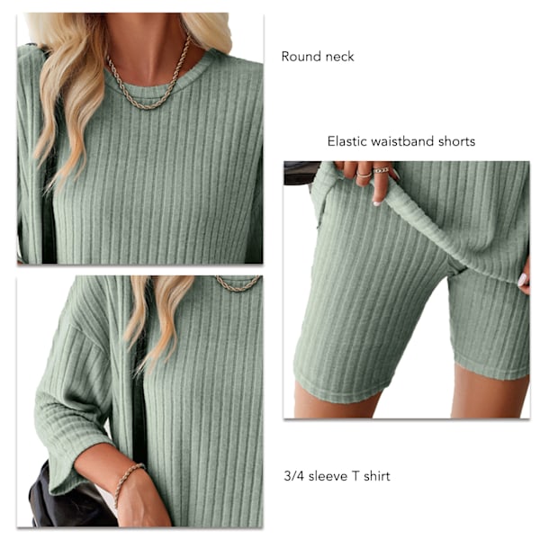 Dam 2-dels set 3/4 Ärm Ribbstickad Rund Hals Oversized Casual T-shirt Shorts Set Grön S