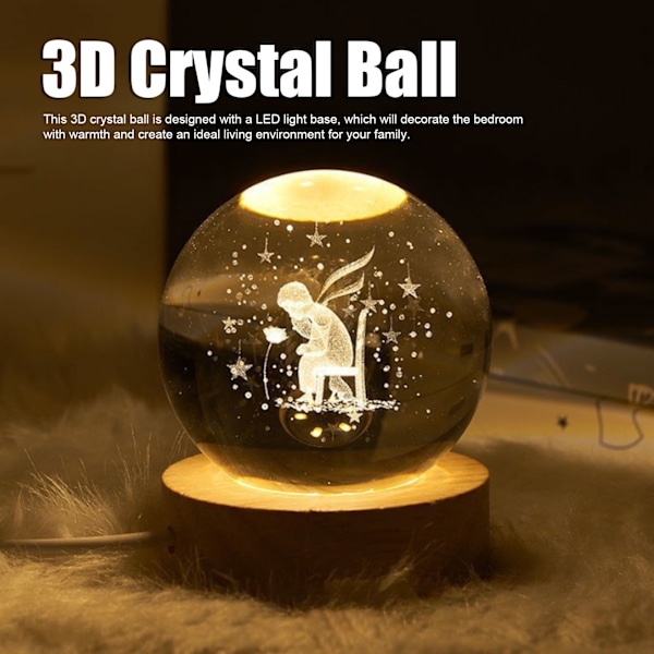 3D Krystal Kugle 3,1 tommer i Diameter med Belysning i Træbase, USB-Strøm, Krystal Kugle Natlampe til Familie, Soveværelse, Kontor