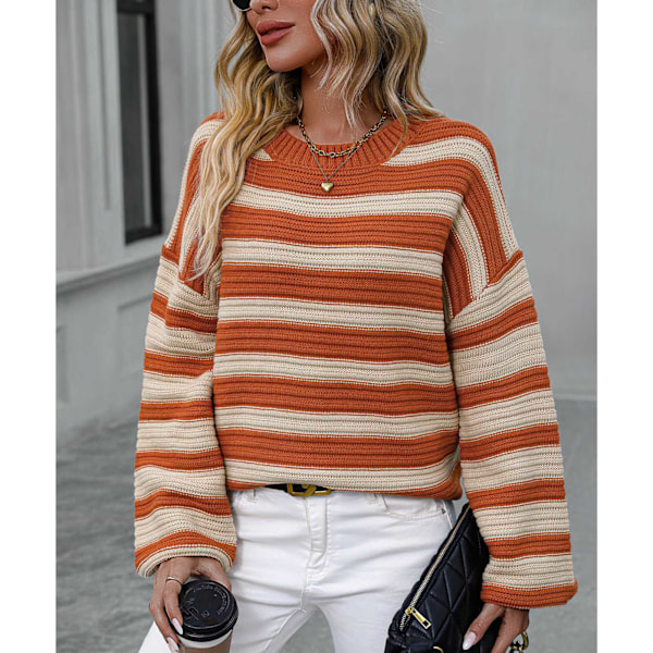 Dam Rundhalsad Långärmad Tröja Pullover Randig Lös Tröja för Utomhusdejting Formell Orange XL