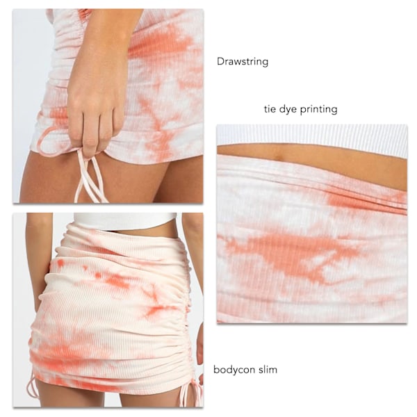 Rynket Ribbet Bodycon Skjørt Tie Dye Elastisk Side Snøre Rynket Bodycon Skjørt til Kvinder Dating Pink L