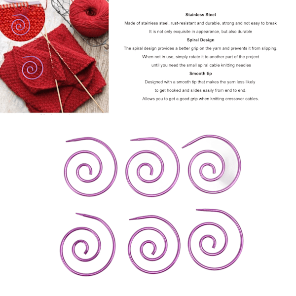 6 st Spiral Kabelsticka Multifunktionell Metall Cirkulär Sticka Kabelsticka Sjalnål för Garn Sömnad Stickning Lila