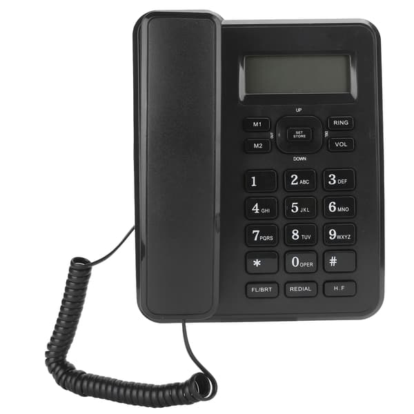 Kablet stasjonær veggtelefon, fasttelefon med nummerpresentasjon, nummer- og tidsvisning, samt ventefunksjon, kompakt design for