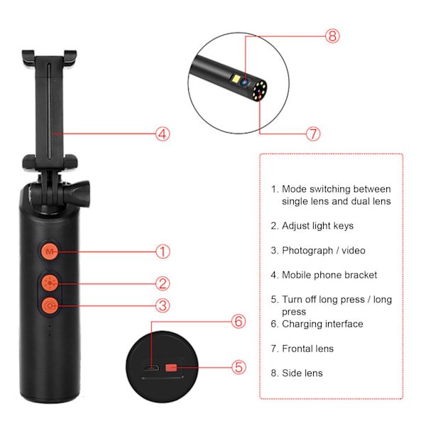 F280 1080P Endoskop 2MP 8mm WIFI Dobbelt Linse Boreskop Kloakkamera Inspektion IP68 Vandtæt (2m / 6.6ft)
