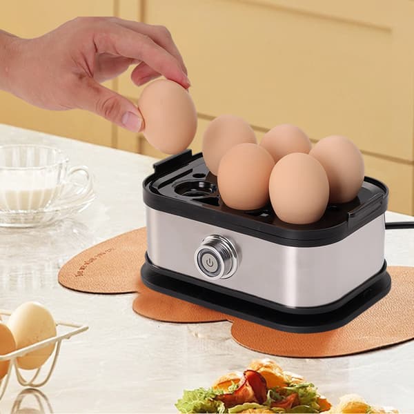 Rask eggekoker – kapasitet for 6 egg, elektrisk, rustfritt stål, eggdamper med knottkontroll og automatisk avslåingsfunksjon