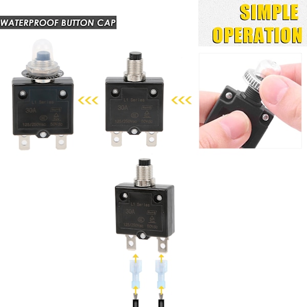25 stk. 30Amp Termisk Sikringsafbryder 125‑250VAC 50VDC med Hurtigforbindelsesklemmer Vandafvisende Knaphættekit