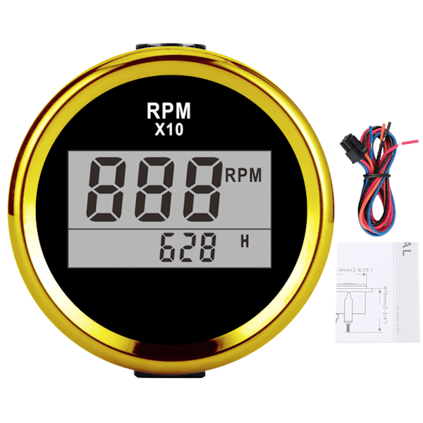 0‑9990RPM Turteller Måler IP67 Vandtæt Rød Baggrundsbelysning 52mm/2in LCD Display 9‑32V Sort Skive Guld Dæksel