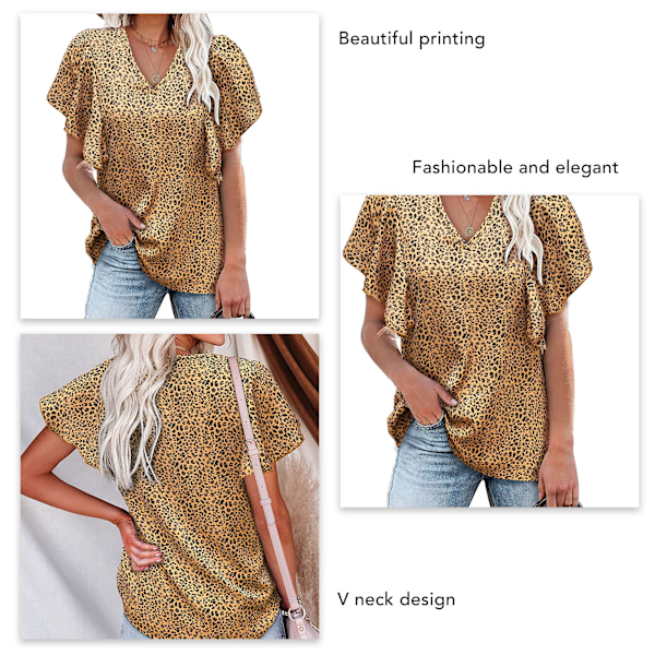 Dame V-hals Top Kort Rufflet Ærmer Løstsiddende Sommer Casual T-shirt Til Daglig Brug Khaki Leopard Print M