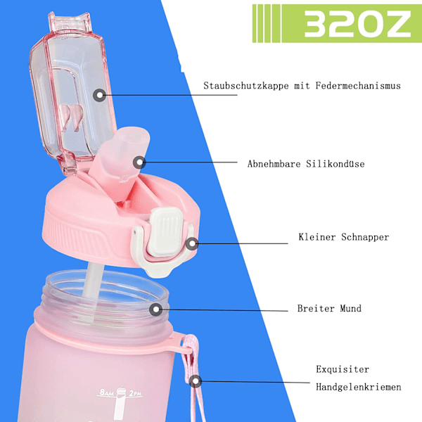 Tålig Vattenflaska i Tritan-material, Sportläckagesäker 1L-kanna med Motiverande Tidsmarkering & BPA-fritt Lock, Praktiskt Silikonstrå för Enkel Användning