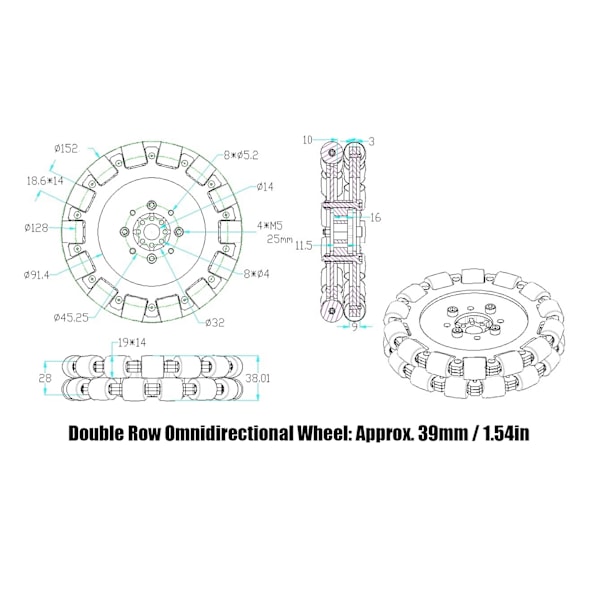 Omnidirectionalinen pyörä Omni Drive Alumiiniseos Teollisuusrobotin osat Tarvikkeet 6inDouble Row UM5604‑0014‑0152 39mm