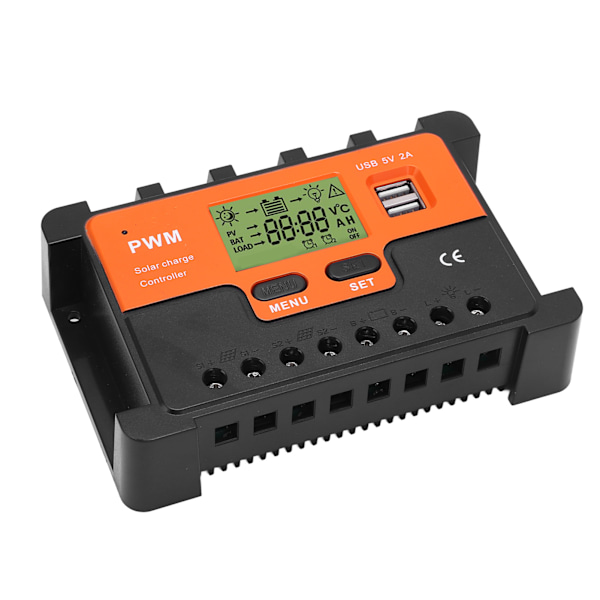 PWM Solarkontroller 12V/24V Automatisk Identifiering Vattentät 28AWG Till 10AWG 20A Solarkontroller med 2 USB 5V Utgång LCD
