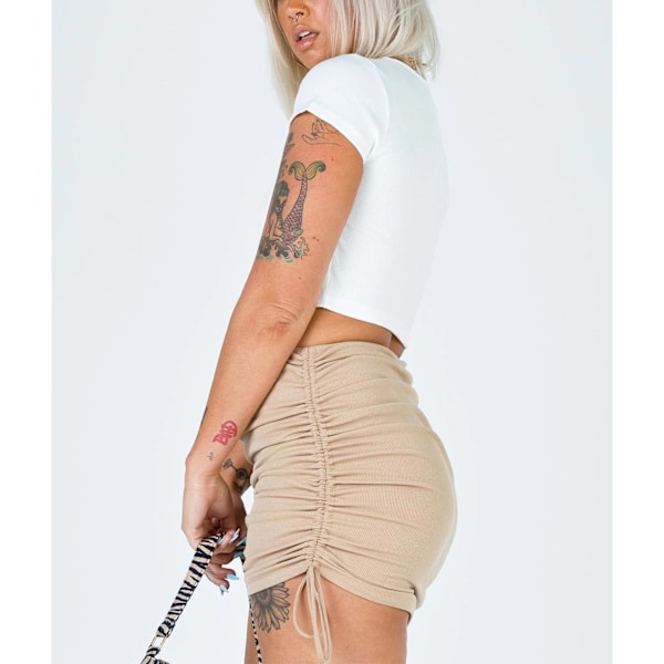 Kvinnors Ribbade Sida Snörning Rynkad Stretchig Bodycon Enfärgad Pennskirt Khaki L