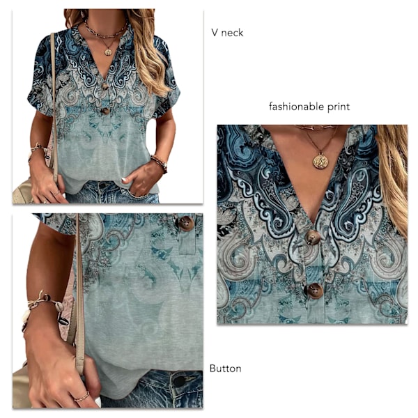 Dam T-shirt med V-ringning och korta ärmar, Fashion Print, Knappar, Blå Ocean, Storlek M