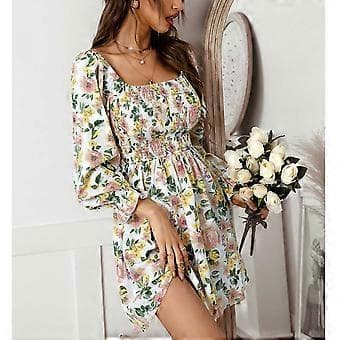 Blommig Rynkad Off Shoulder Klänning Trendig Elastisk Stretchig Elegant Klänning för Kvinnor
