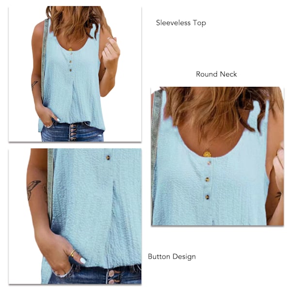 Dam Casual Tank Top med Knappdekoration Rund Hals Andningsbar Ärmlös Topp för Sommar Himmelblå XXL
