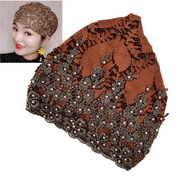 Hodeplagg Mote Kvinners Muslimsk Sjal Turban Inntrekkbar Retro Broderte Perler Hatt Karamellfarge