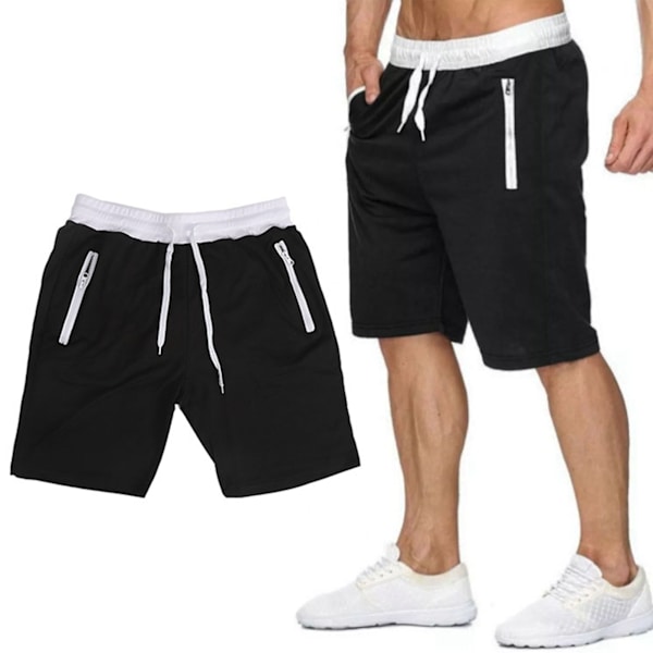 Mænds Atletiske Trænings Shorts med Snørelukning og Lynlommer, Svedtransporterende Løbeshorts til Vandreture, Sort M