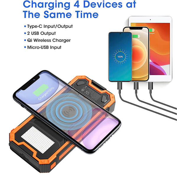 Trådlös Solcellsladdare 30000mAh Vattentät Solcellsladdare DP Snabbladdning med LED-ficklampor Extern Batteripack för Utomhuscamping