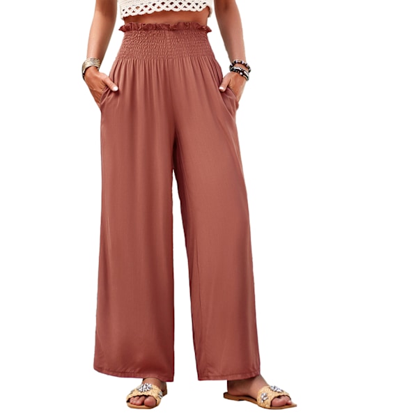 Dam Shirred Vida Ben Byxor Midja Shirred Enfärgad Fickor Lös Casual Vida Ben Långa Byxor Brun M