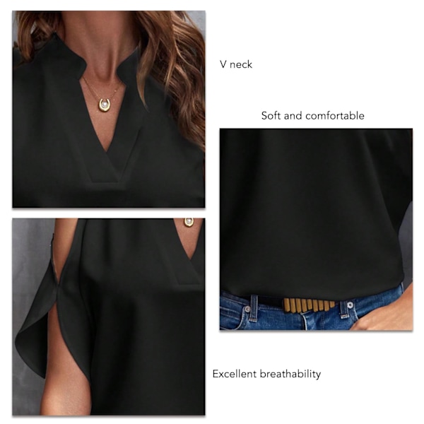 Dam Cold Shoulder Blus V-ring Enfärgad Casual Lös Elegant Kortärmad Sommarblus Svart XL