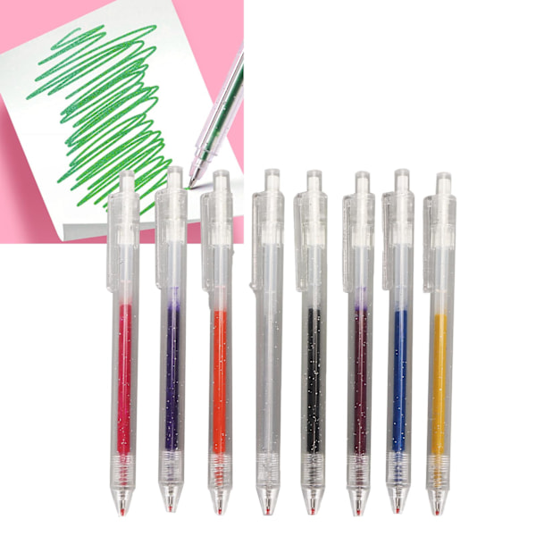 Glitter Infällbara Gelpennor Transparent Pennhållare 1.0 mm Bläck Glitter Färgade Pennor Set med Pennklämma för Barn Vuxna 8 Färger