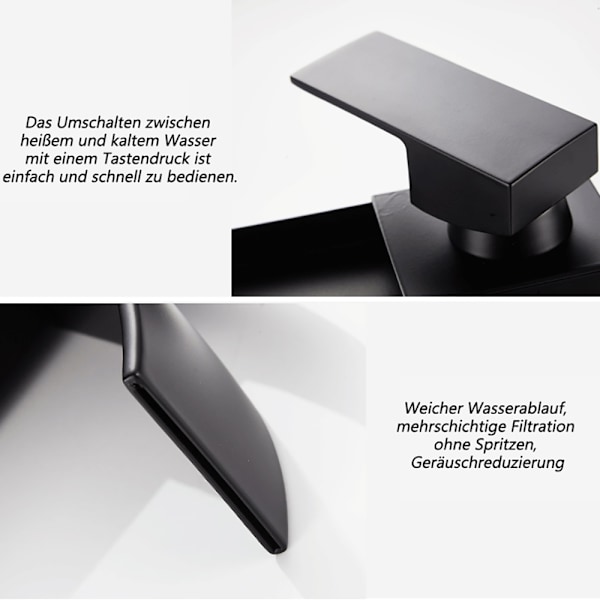 Elegant badrumsblandare med vattenfallsutlopp, modern design, massiv mässing, tvättställsblandare för handfat, matt svart finish
