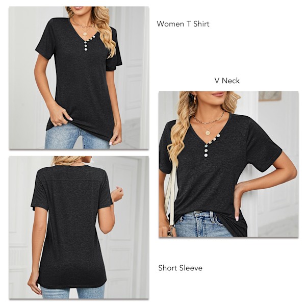 Kvinnors avslappnade topp med kort ärm och knappdekoration, V-ringad, lös T-shirt i polyester för sommar, svart, XL