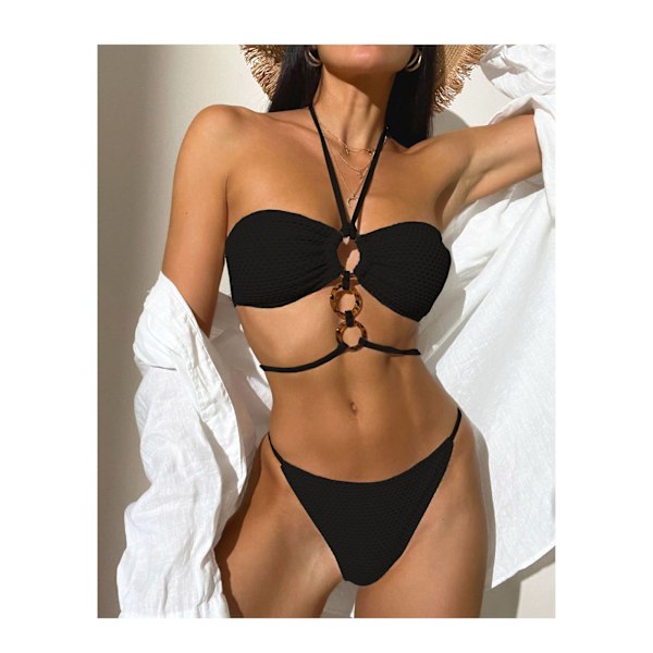 Ringlänkad Halter Bikini Set 2 Delar Rygglös Off Shoulder Enfärgad Dam String Bikini Kit Svart S