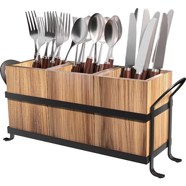 Elegant Köksredskapshållare, Multifunktionell Organizer med Tre Separata Avtagbara Fack, Portabelt Handtag för Inom- och Utomhusbruk, Trä