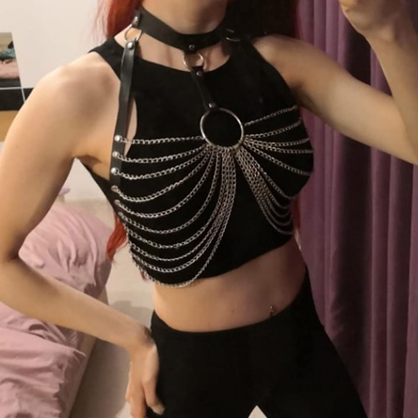 Punk midjekedja Läder Body Chain Sele Belly Bälte Kedjor Ni black