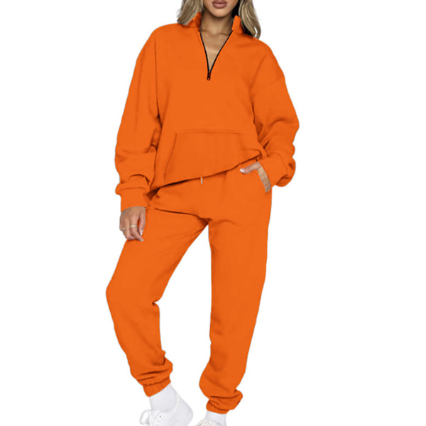 Dam Fickor Enfärgad Träningsdräkt Set Halv Dragkedja V-ringad Långärmad Topp Elastiska Långbyxor Enfärgad Tröja Outfit Set Orange XL