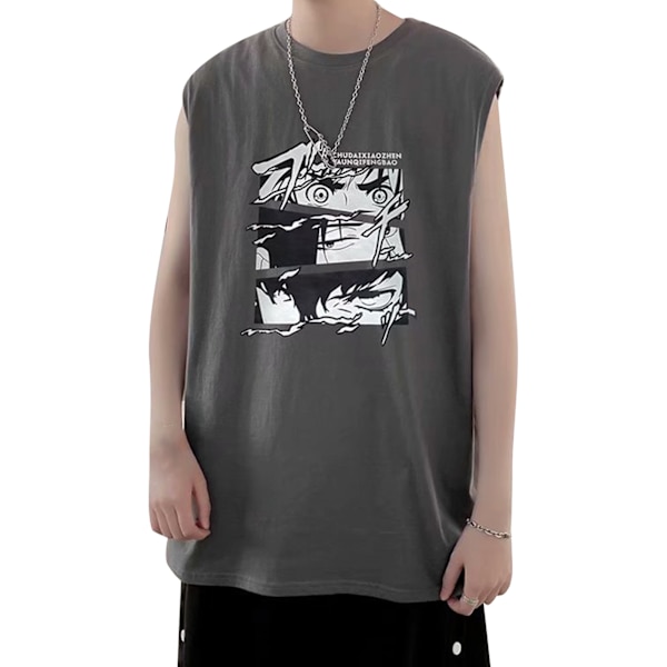Mænd Tanktop Smuk Print Ærmeløs Løstsiddende Vest Skåret Skjorte til Hjemmetræning Grå L