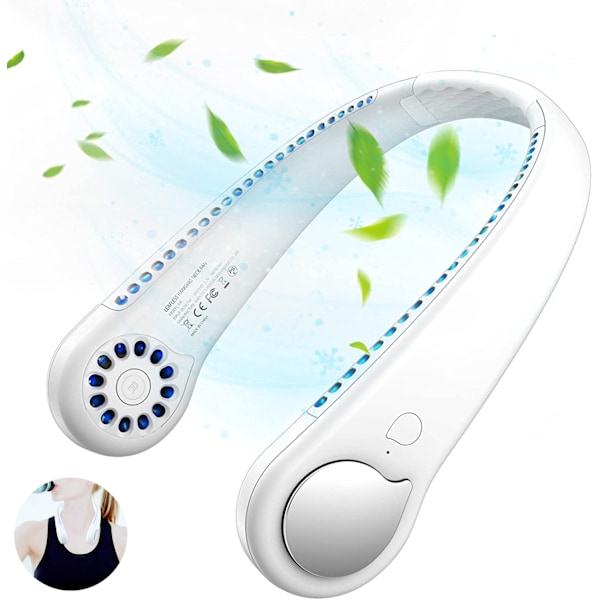 Bekväm bladlös halsfläkt, handsfree bärbar design, dubbla turbinblad, 360° allround-luftflöde, tyst drift, uppladdningsbart batteri