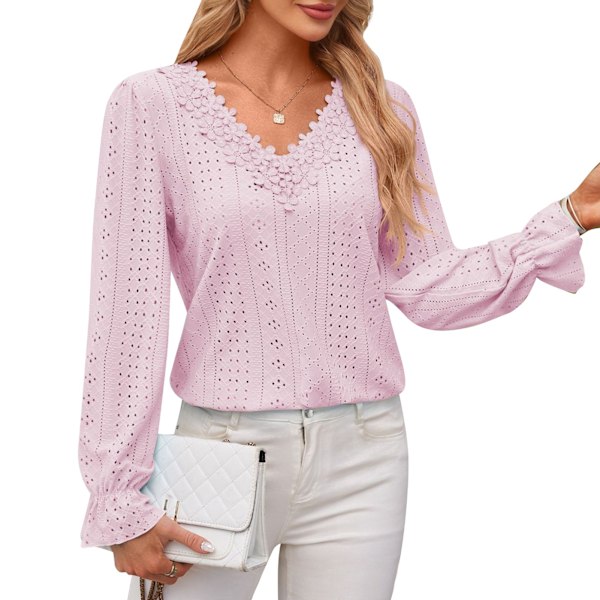 Spets V-ringning Blus Casual Figursydd Enfärgad Ihålig V-ringning Spets Långärmad Blus för Kvinnor Rosa M