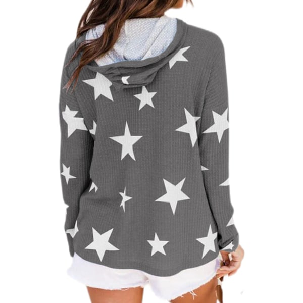 Dam Stjärntryck Huvtröja Dragsko Långärmad Lös Passform Pullover Hoodie Grå XL