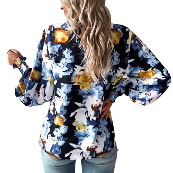 Dam Shirrad Tryckt Blus Lykta Ärm Tryckt Skjorta Nedvikt Krage Knappstängning Långärmad Mode Casual Blus Svart M