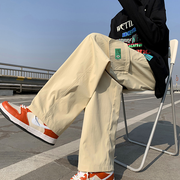 Män Bred Ben Byxor Casual Sida Fickor Ren Färg Snörning Lösa Byxor Khaki XL