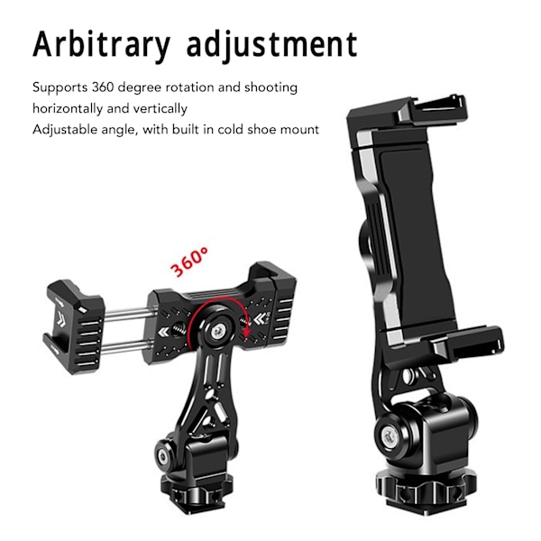 Puhelintelineen sovitin 360 asteen vaakasuoraan kiertävällä metallisella puhelintelineellä ja kiertävällä kylmäkengällä vloggausta ja suoratoistoa varten