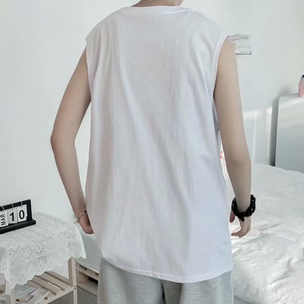 Herrar Tank Top Snygg Tryckt Ärmlös Lös Passform Väst Skuren Skjorta för Hemmaträning Vit XL