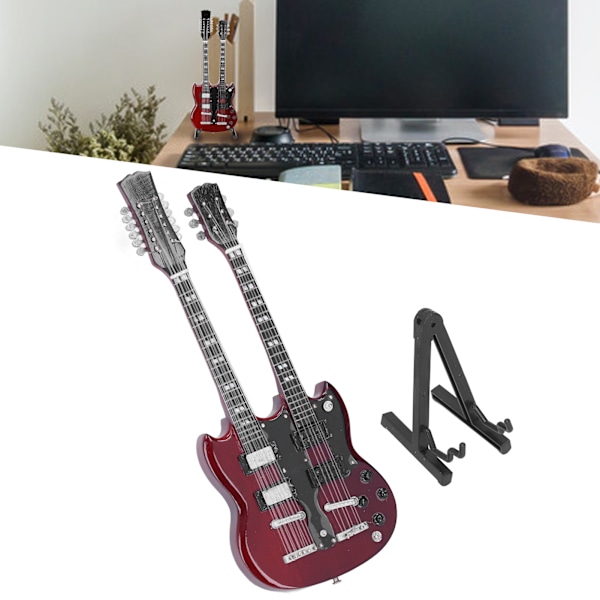 Mini Guitar 1:6 Scale 18cm/7.1in Length Painting Treatment Double Neck Electric Guitar Doll House Toy for Gift