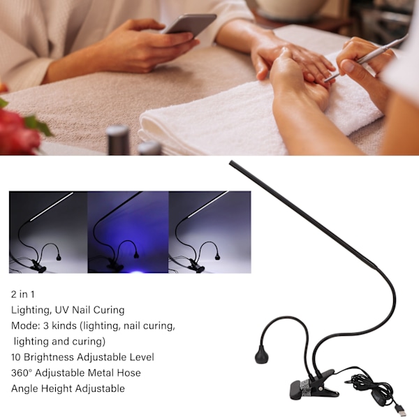 2 i 1 USB Neglelampe Dobbelt Hode Justerbar 7W 10 Trinn 3 Moduser Negleherdende Lampe Tørker