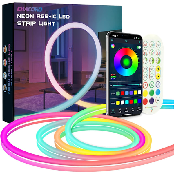 Neon Flex Strip Lights för Inomhus Utomhus, 5M RGB-IC Färgskiftande Regnbåge LED Rep Ljus med 252 LEDs, Vattentät Dekorativ Belysning för Hemmet